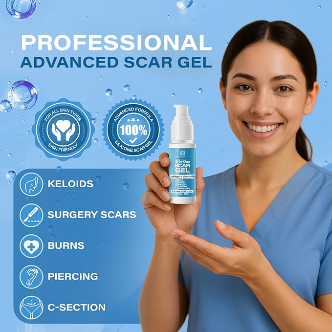 5-in-1 Scar Cream for Surgical Scars: Advance Silicone Scar Gel with Collagen and Stem Cells, Keloid Scar Treatment, Scars Removal of New and Old Scars, Piercing, Burns, C-section, After Surgery, 50g
