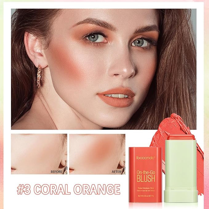 Cream Coral Orange Blush Stick,Multi-Use Makeup Milk Blush Stick,Multi-Use