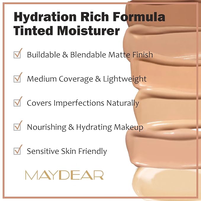 Maydear Tinted Moisturizer for Face, Matte Finish, Hydrating, Toffee, 1.(50ml) 7 oz