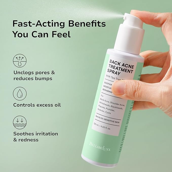 Body and Back Acne Treatment Spray: 2% Salicylic Acid & Tea Tree Oil Bacne Spray for Clear, Soothe & Moisturize - Effective for Men, Women, Teens with Back, Shoulder, Arm, and Chest Acne