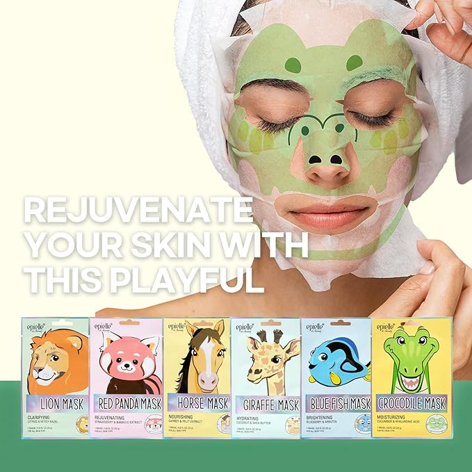 Epielle Animal Character Sheet Masks 12 Pack, Moisturizing & Hydrating Face Mask with Hyaluronic Acid & Fruit Extract, Korean Skin Care, Girls Spa Party Favors, Sleepover, Self Care Gifts for Women