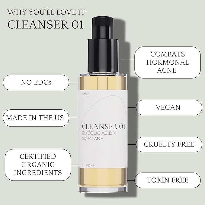 Same Skincare Facial Cleanser 01: Glycolic Acid Squalane Exfoliating Face Wash with Tea Tree Oil, Witch Hazel, Safe & Gentle Hydrating Daily Face Cleanser for Acne, Organic, Cruelty Free, 5 oz