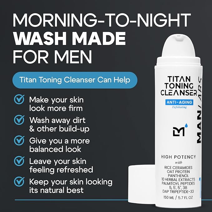 Titan Anti-Aging Mens Face Wash - For Men, Cleanse, Hydrate, Revitalize - Gentle Exfoliating Face Cleanser - Men, Skin Care - Herbal Extracts, Ceramides, Peptides, All Skin Types - Unscented