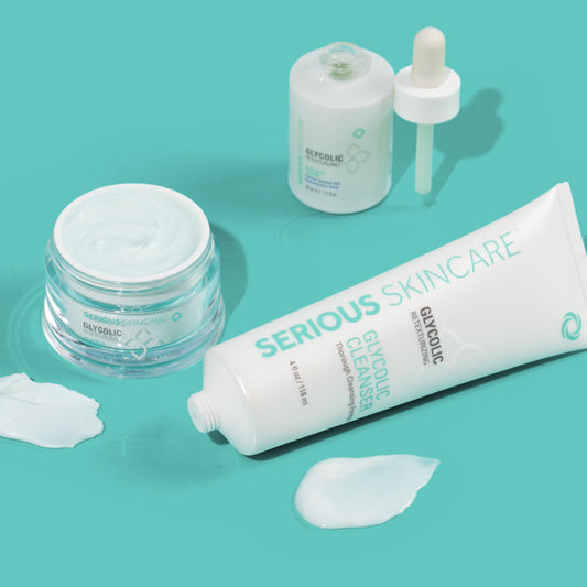 Serious Skincare Glycolic Skin Renewal Set - Retexturizing Serum - Facial Moisture Cream - Face Wash Cleanser - Balancing Blue Tansy Extract - Improve Appearance of Lines, Wrinkles and Enlarged Pores