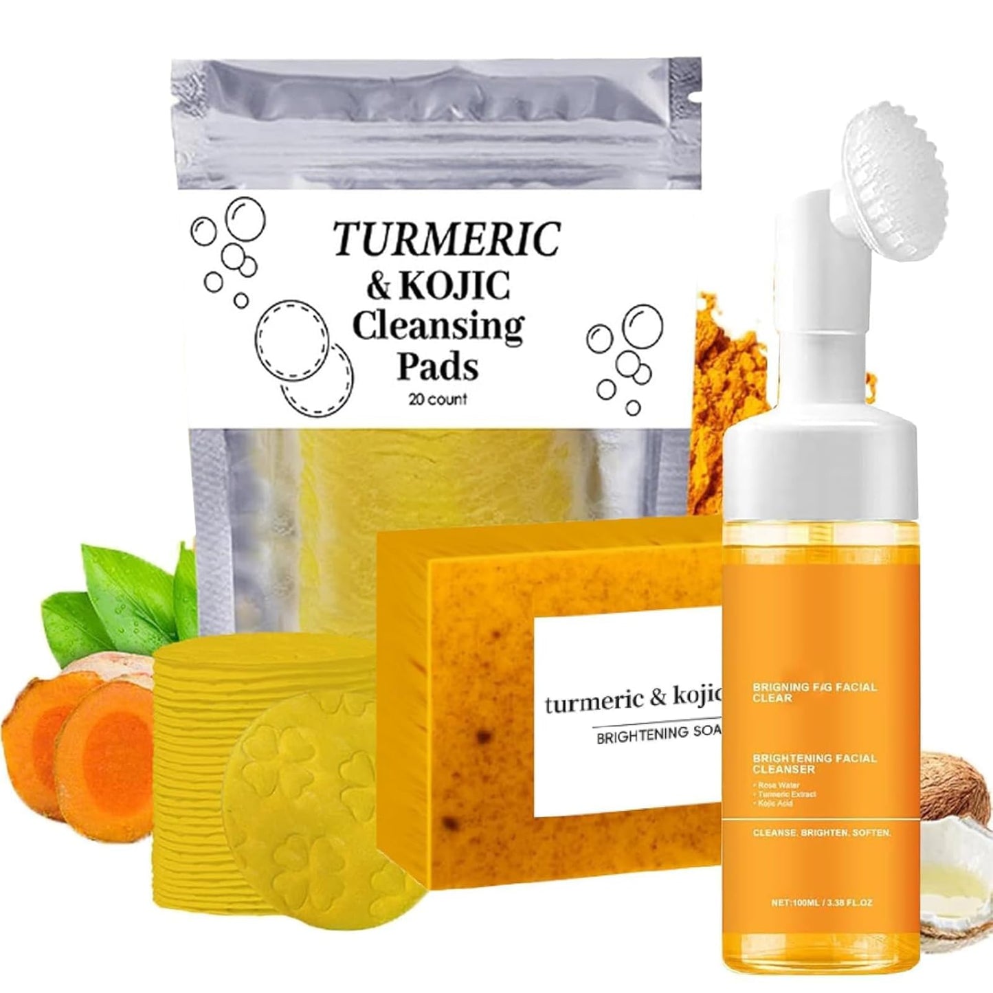 Turmeric Trio: Facial Wash, Cleansing Mousse, & Soap, Turmeric Wash and Care Three Piece Set, Turmerics Daily Skin Care Bundle Three Set for Face & Body (1 Sst)