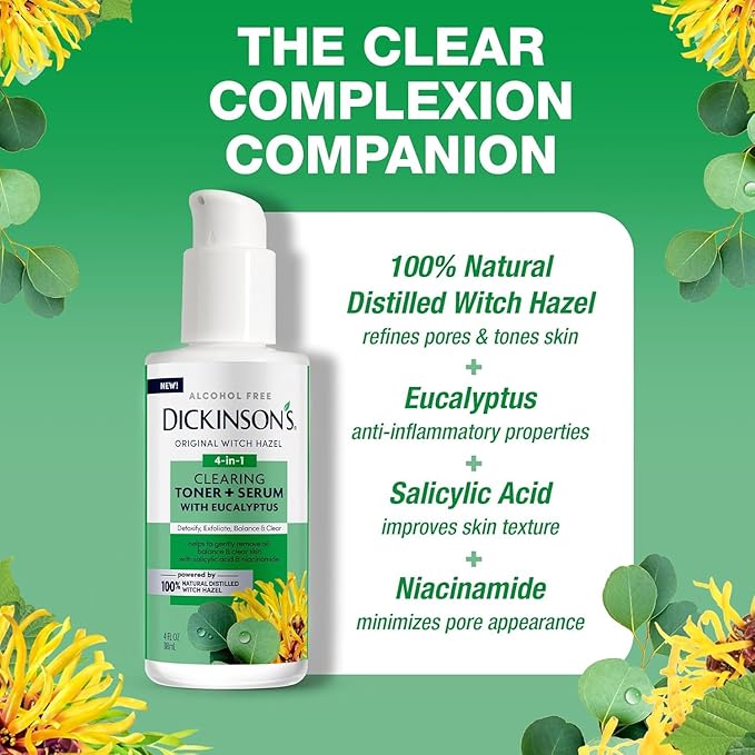 Dickinson's Original Witch Hazel Clearing Toner + Serum with Eucalyptus | 100% Natural Distilled Witch Hazel | Alcohol-Free | Detoxifies & Tones Skin | Unclogs Pores | 4 Fl Oz