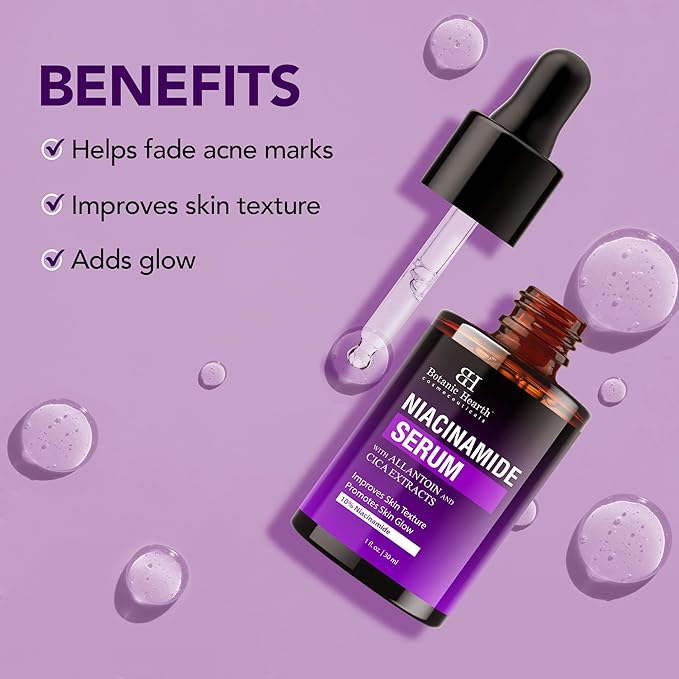 Botanic Hearth 10% Niacinamide Face Serum With Allantoin, Zinc Pca, Cica & Hyaluronic Acid | Minimize Pores, Correct Dark Spots, Even Skin Tone | All Skin Types | For Women & Men | 1 Fl Oz