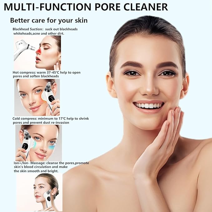 Blackhead Remover Vacuum Face Suction Pore Cleaner with Hot&Cold Compress Positive&Negative Ion Massage Nose Whitehead Remover Pimple Sucker with 5 Probes Pore Extractor Tool… (White)