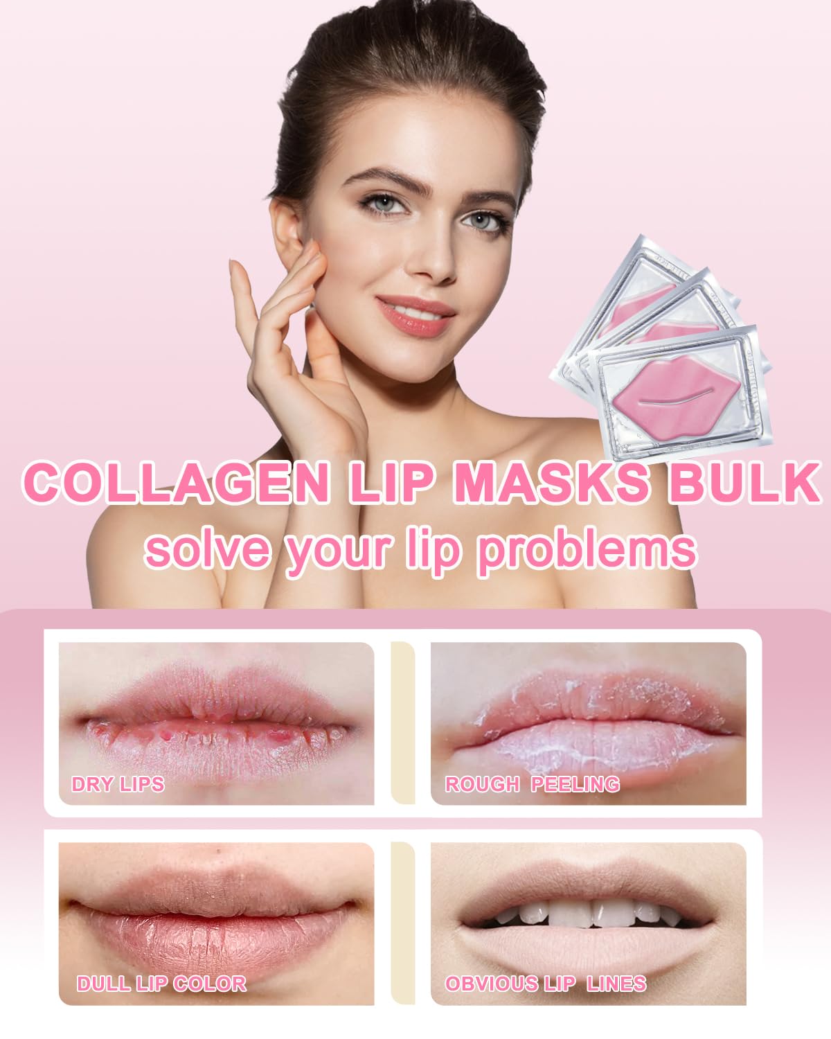 Bukamkom Collagen Pink Lip Mask 20 Pieces,Which can Provide Long-lasting Nourishment,Moisturization,Overnight Lip Mask Individually Wrapped Lip Patch