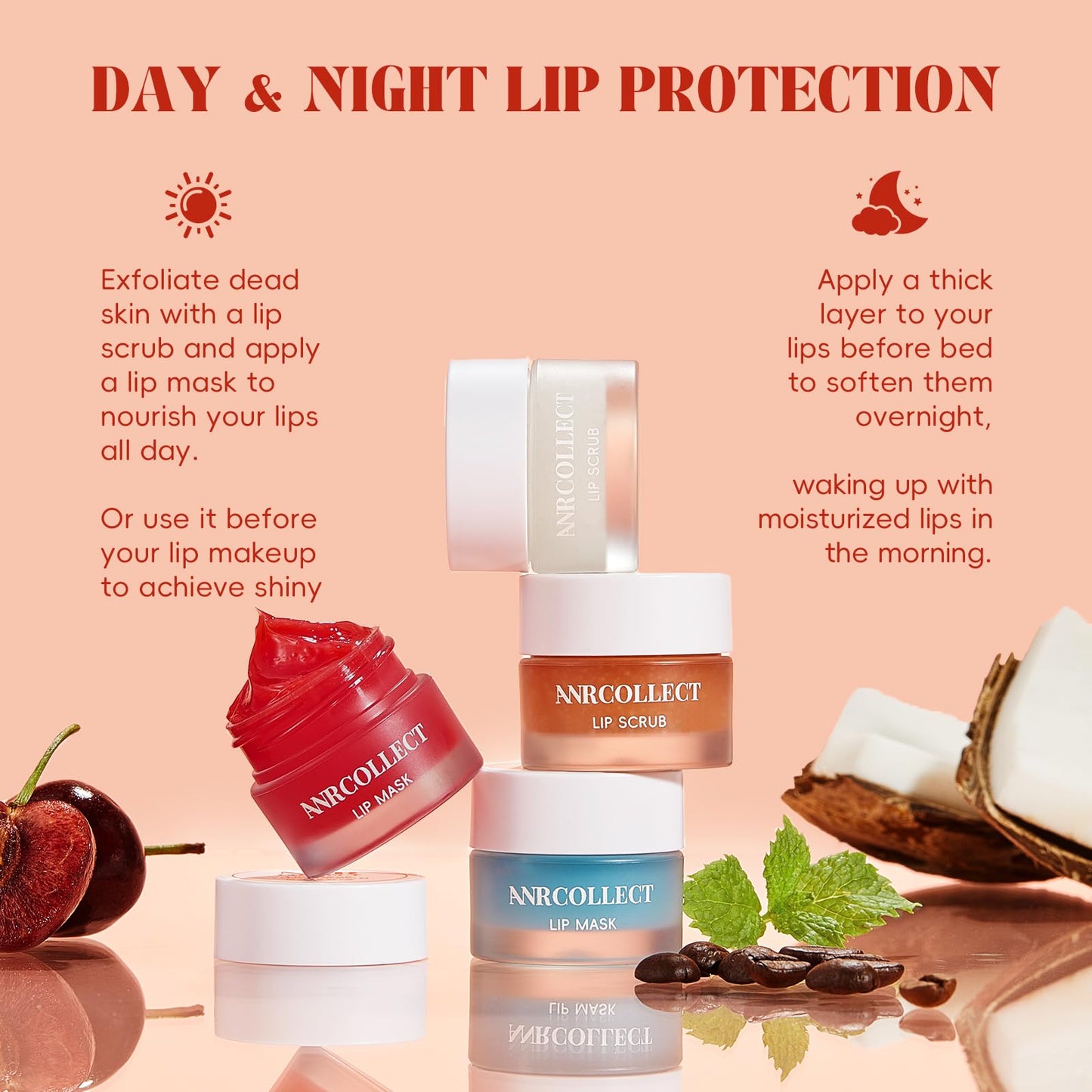 ANRCOLLECT Lip Scrub & Lip Mask - Lip Treatment Care Kit with 2 Lip Exfoliator Scrub & 2 Lip Butter Mask, Intense Hydration Set for Dry Chapped Cracked Lips (4 Pack)