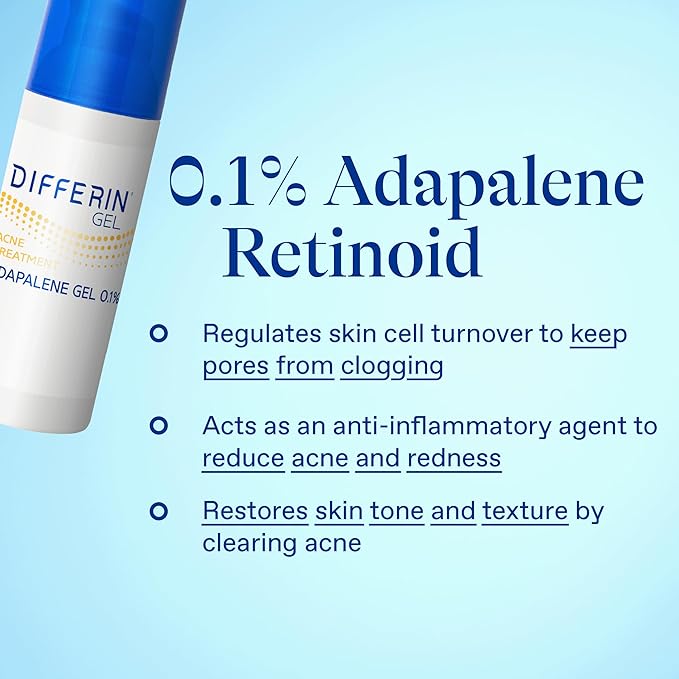 Differin Acne Treatment Gel, 30 Day Supply, Retinoid Treatment for Face with 0.1% Adapalene, Gentle Skin Care for Acne Prone Sensitive Skin, 15g Pump (Packaging May Vary)