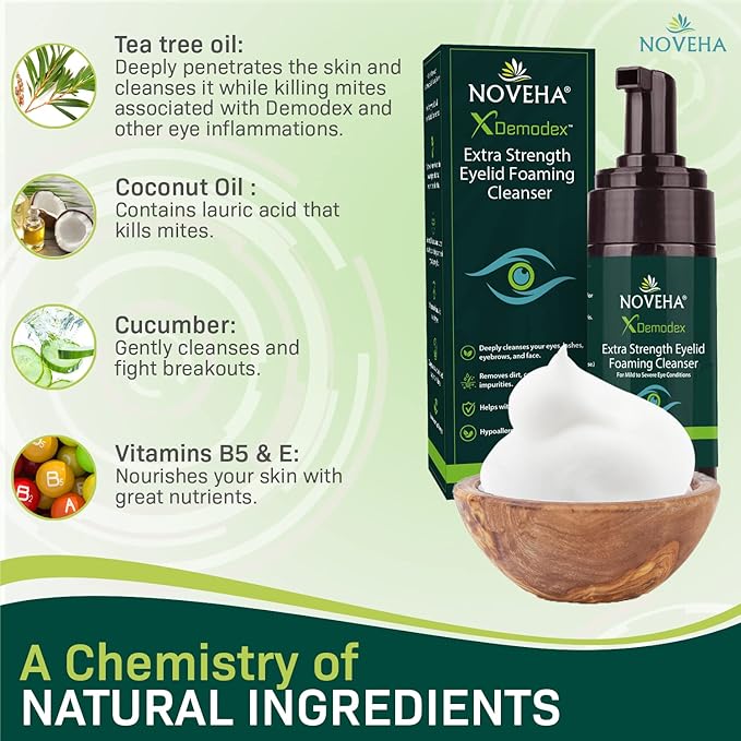 Demodex Eyelid Cleanser Foam | Extra Strength Tea Tree Oil Formula | Daily Face Wash For Eyelash, Demodex, MGD, Stye Eyes, Eye Irritations & Skin Dryness, 3.38 fl oz (100ml)