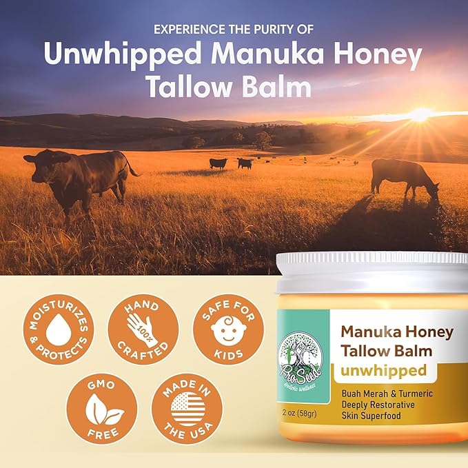 Manuka Honey Unwhipped Tallow Balm – Handmade Grass-Fed Beef Tallow with Frankincense, Vitamin E, Castor Oil, Buah Merah & Turmeric – Hydrates & Nourishes Skin for Men, Women & Kids – 2oz Glass Jar