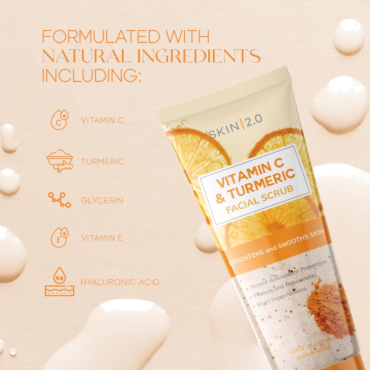 Skin 2.0 Vitamin C & Turmeric Face Scrub - Dermatologist Tested, Exfoliating, Brightening, Hydrating, Anti-Aging, Clean Beauty, Cruelty-Free Korean Skincare, All Skin Types - 6.76 Fl Oz / 200ML