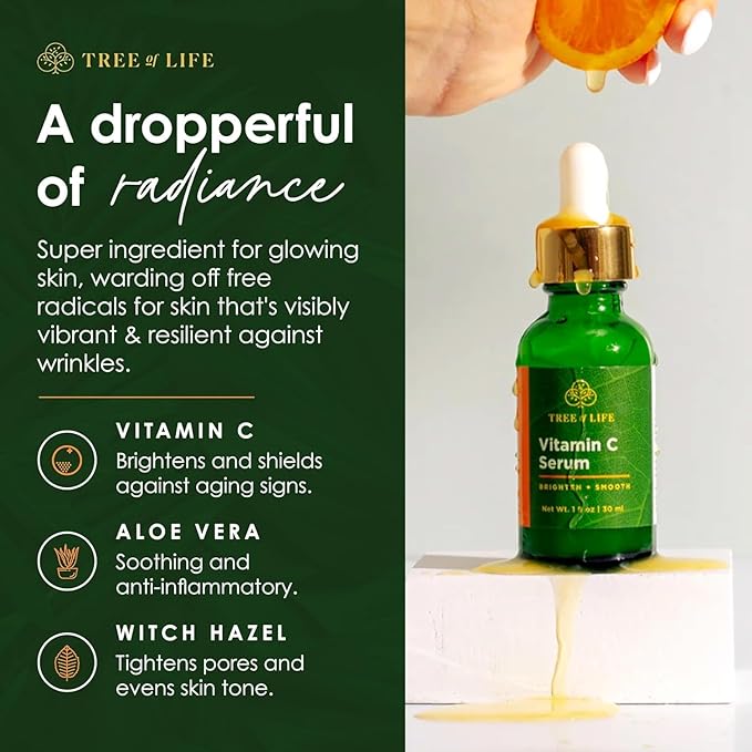 Tree of Life Beauty Vitamin C Skin Care Set, Skin Brightening Face Oil for Dark and Age Spots, Facial Serums for Dry and Sensitive Skin with Hyaluronic Acid & Vitamin E for Soft Smooth Skin, 1 Fl Oz