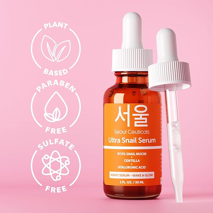 SeoulCeuticals Korean Skin Care 97.5% Snail Mucin Serum – K Beauty Skincare Night Serum Hyaluronic Acid for Face - Centella Anti Wrinkle Serum 1oz