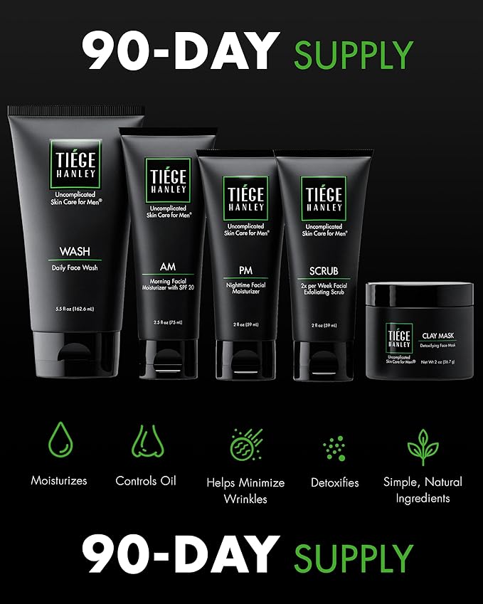 Tiege Hanley 90-Day Large Advanced Skin Care Routine for Men - Face Wash Kit for Fines Lines - Men's Skincare Set Includes Face Wash, Facial Scrub, Moisturizer, & Clay Mask