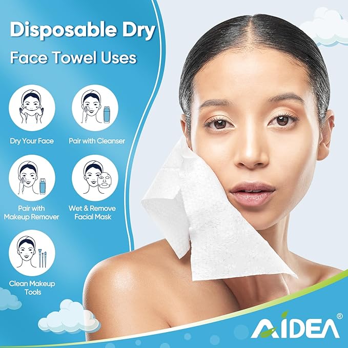 AIDEA XL Face Towels Disposable 50Ct, Clean Facial Cloths, Facial Cleansing Wipes for Sensitive Skin, Face Towelettes for Makeup Removing, Nursing, Travel, Dry Wipes 9.84"×11.81"