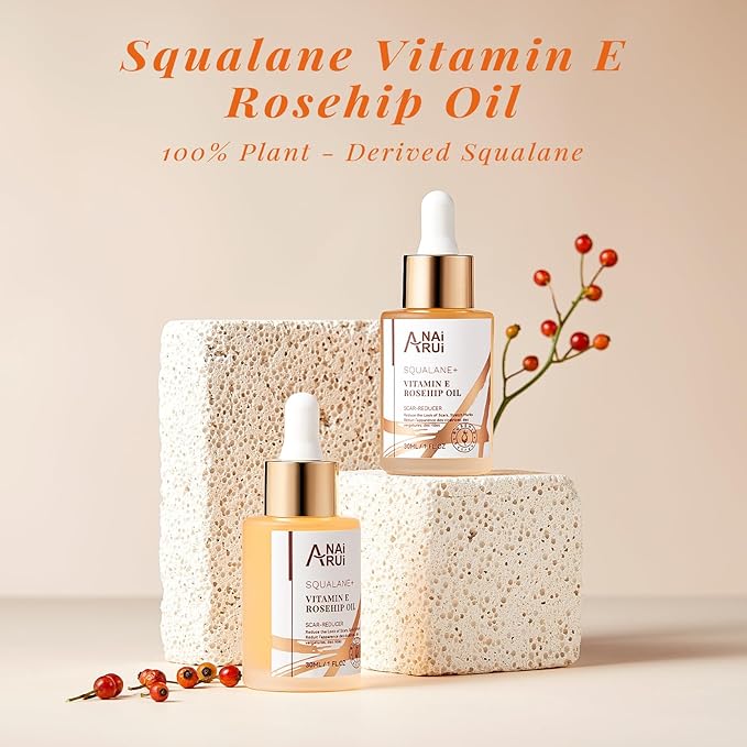 ANAI RUI Squalane + Vitamin E Rosehip Oil Moisturizer for Face Hydrate, Reduce Scars and Stretch Marks, Wrinkles for Smoother, Softer Skin 1 fl. Oz