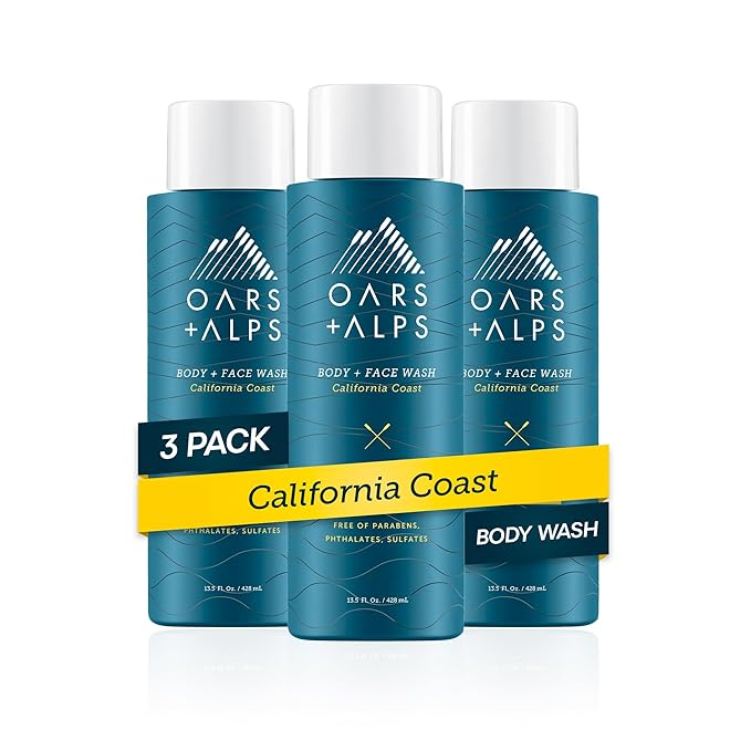 Oars + Alps Men's Moisturizing Body and Face Wash, Skin Care Infused with Vitamin E and Antioxidants, Sulfate Free, California Coast, 3 Pack