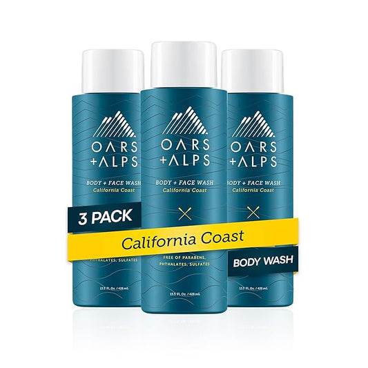 Oars + Alps Men's Moisturizing Body and Face Wash, Skin Care Infused with Vitamin E and Antioxidants, Sulfate Free, California Coast, 3 Pack