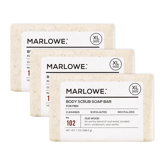 MARLOWE. No. 102 Body Scrub Soap 7 oz (3 Bars), Oud Wood, Exfoliating Soap Bar with Shea Butter, Olive Oil & Green Tea Extracts, Cleanses, Smooths & Revitalizes Skin, Earthy & Smoky Scent