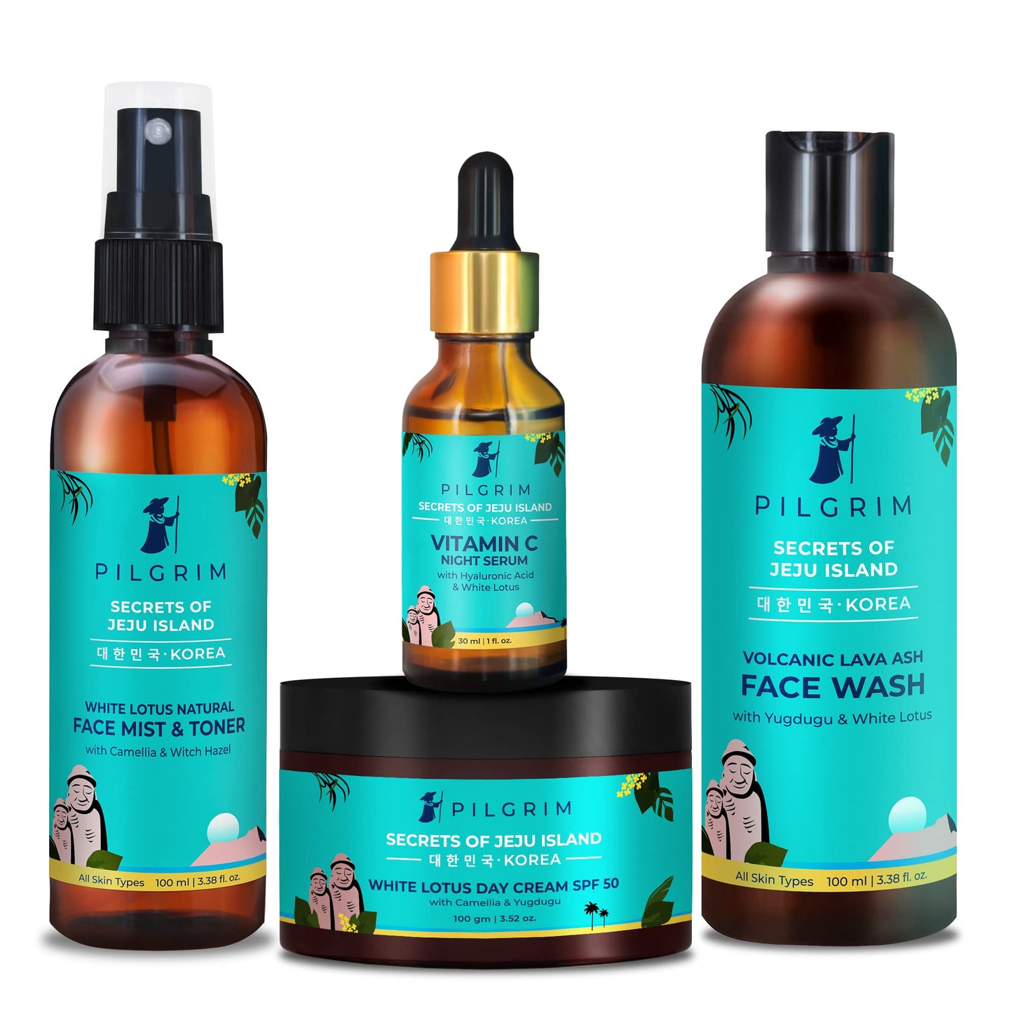 Pilgrim Korean Skin Care Gift Set | Face Wash, Toner, Vitamin C Serum & SPF 50 Day Cream | Hydrated, Refreshed & Healthy-Looking Skin | For All Skin Types | With Free Jute Bag