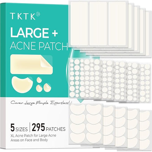 TKTK Large Pimple Patches for Face, 68 x 27 mm XL Hydrocolloid Bandages, Big Acne Patches for Body, Forehead, Chin, Nose, Chest and Back Blemish Zit Breakouts (Strip, Contoured, Dot 5 Sizes 295 Count)