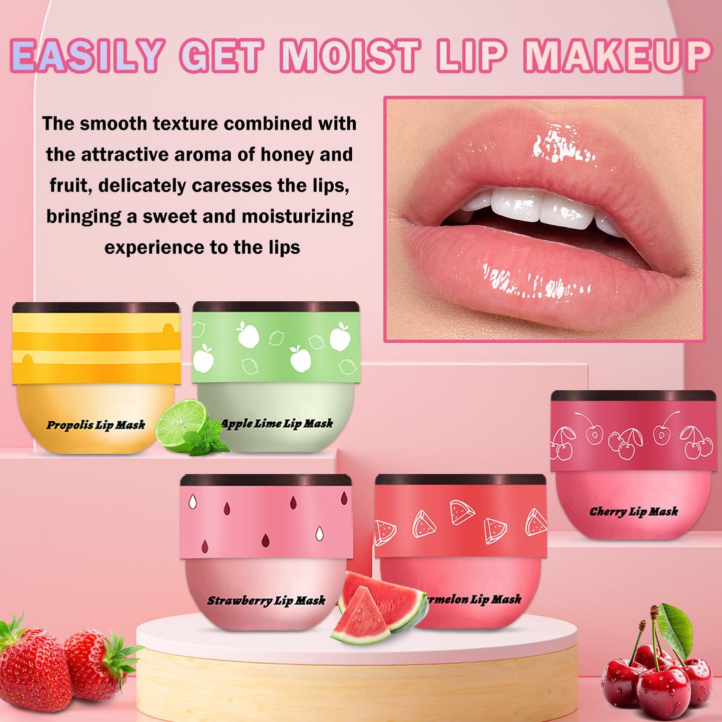 AOAZXBB 5PCS Bee Lip Balm Honey Pot Honey Watermelon Cherry Apple Strawberry Lip Balm,Moisturizing Sleeping Lip Mask Reduces Lip Lines Prevention Dry and Cracked