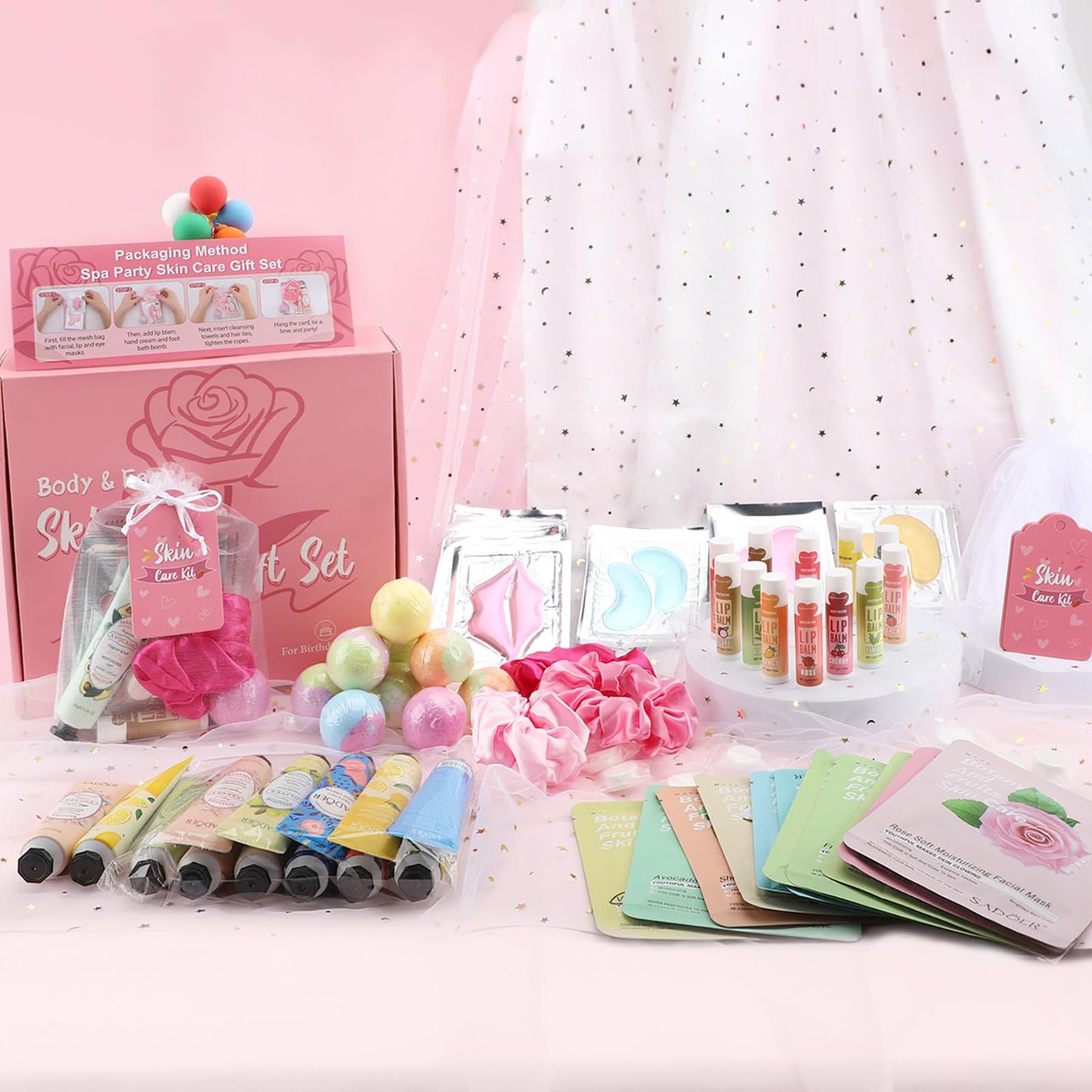 120 PCS Spa Party Supplies for Girls, Spa Party Favors Include Face Masks Skincare, Hand Cream, Lip Balm, Under Eye Patches, Lip Mask, Foot Bath Bombs, Bulk Birthday Sleepover Party Supplies for Women
