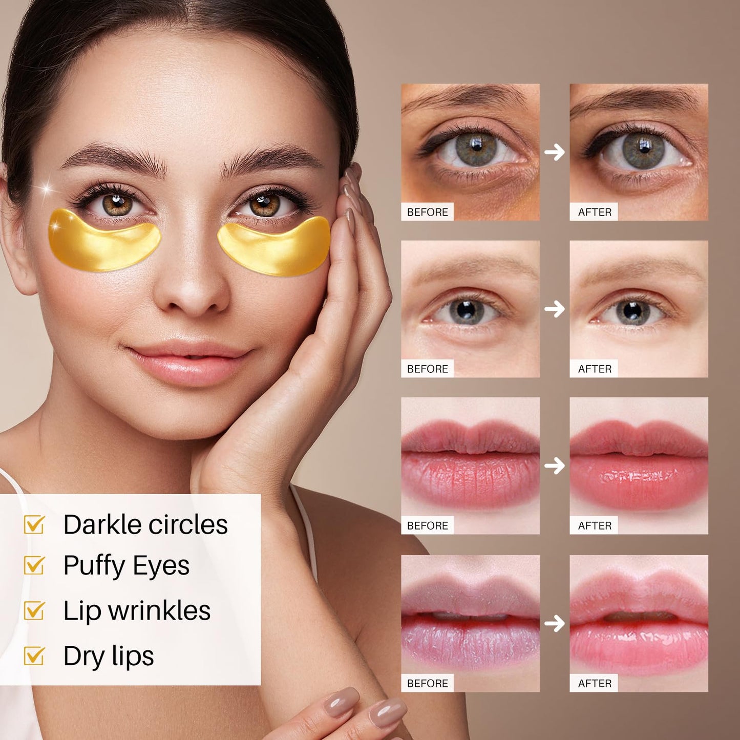 40 Pairs 24K Gold Eye Masks & Lip Masks, Crystal Collagen Under Eye Patches for Puffy Eye, Moisturizing Skin Care Lip Eyes Patches for Dark Circles, Wrinkles and Fine Lines (gold and peach red)