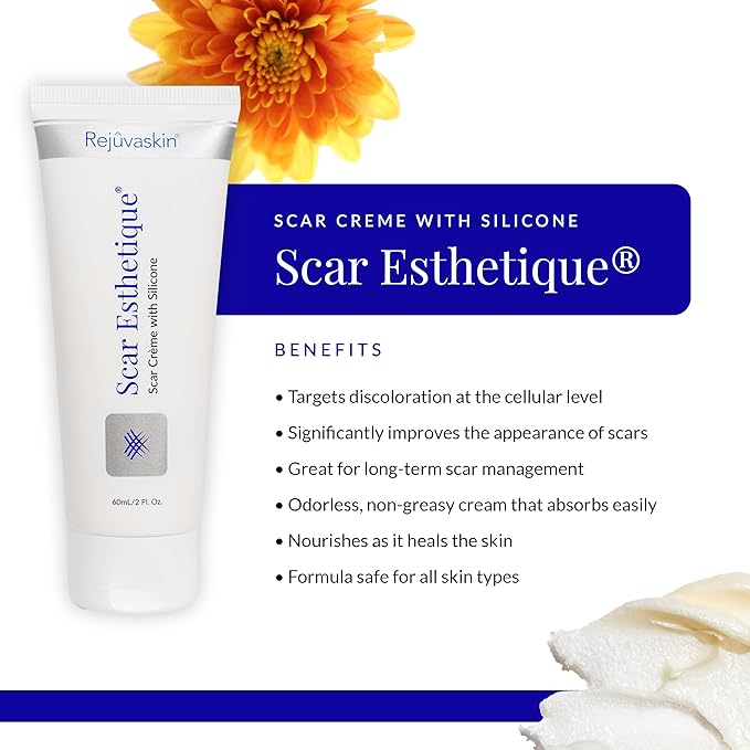Rejuvaskin Scar Esthetique Scar Cream with Silicone, Reduces the Appearance of Surgical Scars, Burns, Stretch Marks, Keloids & Acne Scars, 60ml