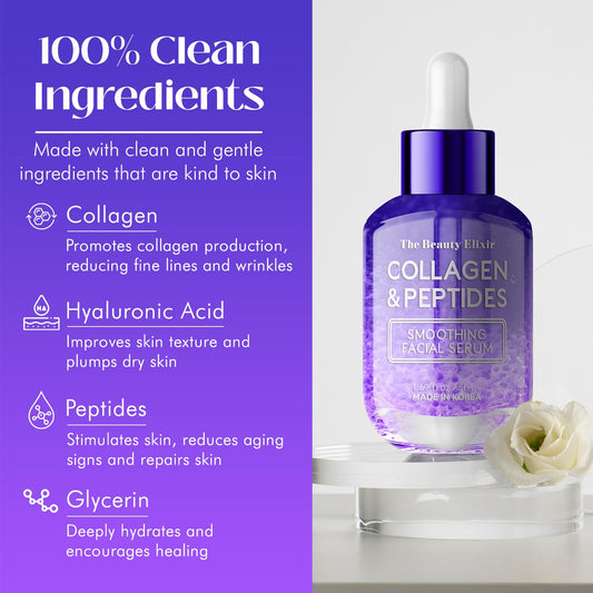 The Beauty Elixir Collagen & Peptides Serum For Face - Dermatologist Tested, Anti-Aging, Hydrating & Repairing Treatment for Fine Lines & Wrinkles - Clean Beauty, Cruelty-Free Korean Skincare - 1.69oz
