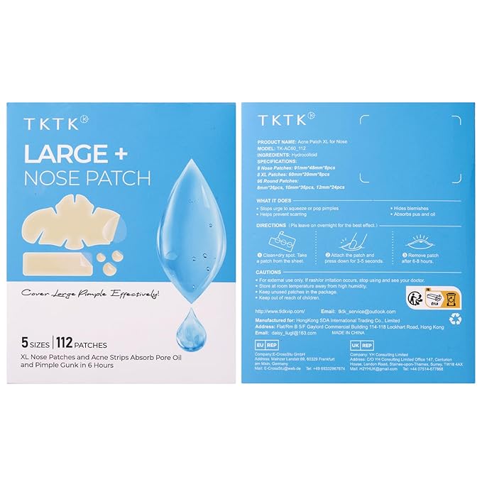 TKTK Hydrocolloid Nose Patches, XL Nose Pore Strips 91 x 48 mm, Large Hydrocolloid Acne Pimple Patches for Face, Cover Zit Blemishes & Absorb Oil (Nose Contoured, Strip, Dots 5 Sizes 112 Count)