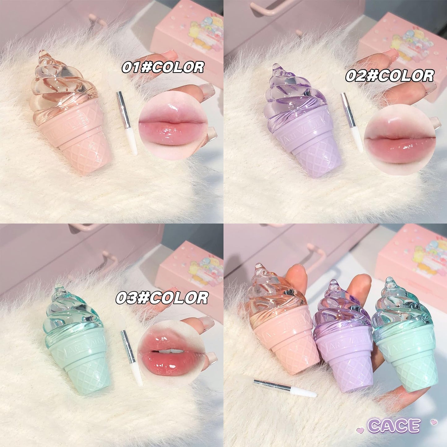 3Pcs Cute Hydrating Lip Gloss Set, Lip Sleeping Mask, Ice Cream Solid Lip Balm for Grils, Nourish Lip Care Makeup Sweet Peach/Blueberry/Green Apple Flavours