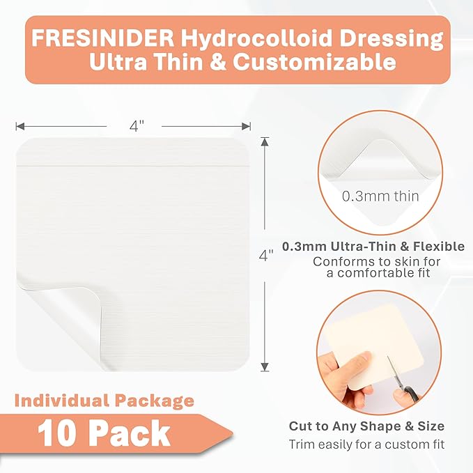 Hydrocolloid Wound Dressing 4" x 4" – 10 Pack Ultra Thin Self-Adhesive Bandages for Wound Care, Bed Sores, Acne, Blisters – Waterproof & Absorbent Hydrocolloid Patches for Faster Healing