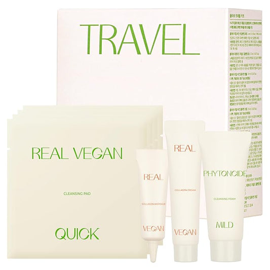 KLAVUU TRAVEL KIT – 4-Step Korean Skincare Set with Collagen Ampoule, Cream, Cleansing Pads & Foam | Travel Size Gift Set | Vegan | Mini K-Beauty Trial Kit