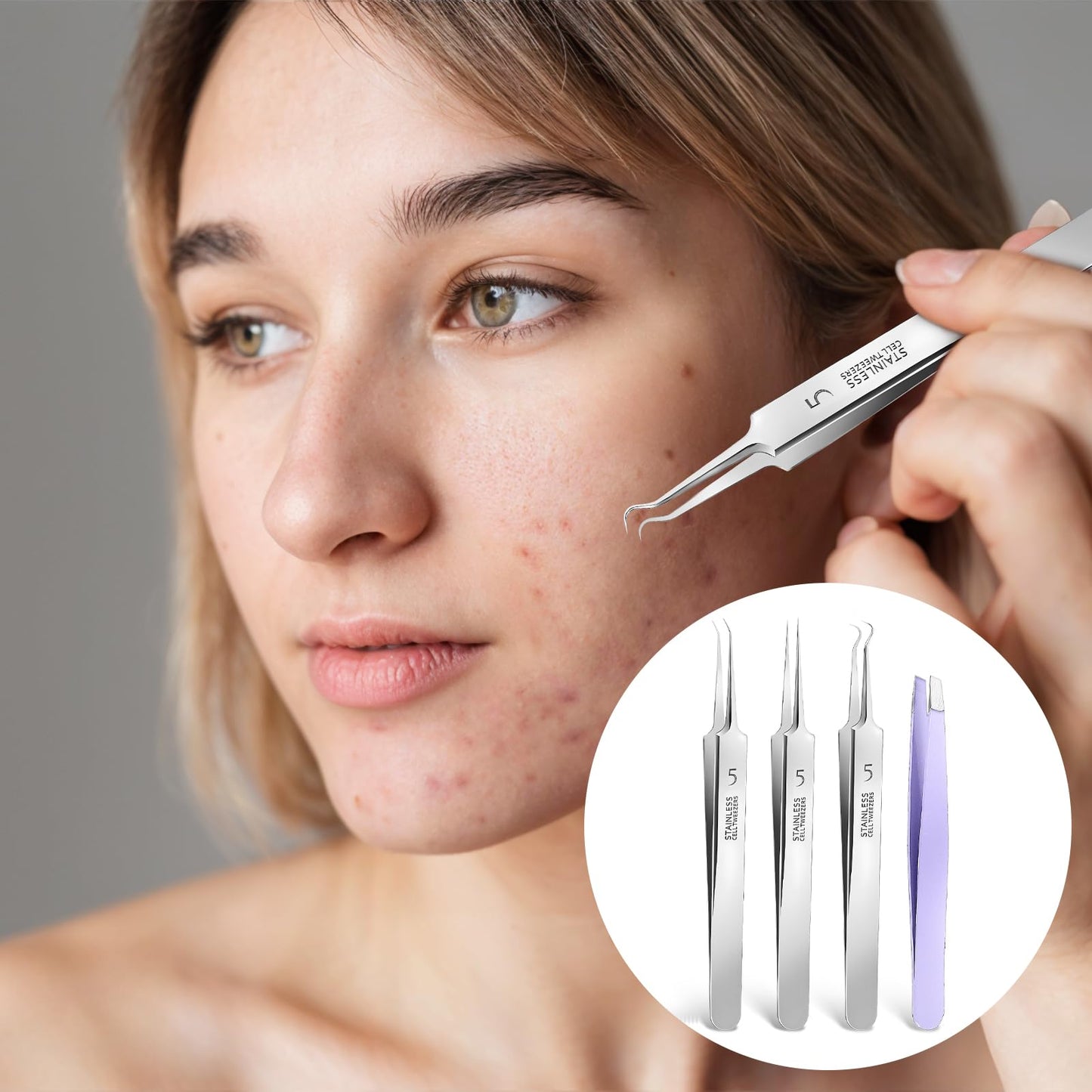 4 Pcs Blackhead Remover Tools Pimple Popper Tool Kit Comedones Extractor Acne Removal Kit for Blemish Black Head Remover for face Risk Free Treatment for Whitehead Popping (Silver Purple)