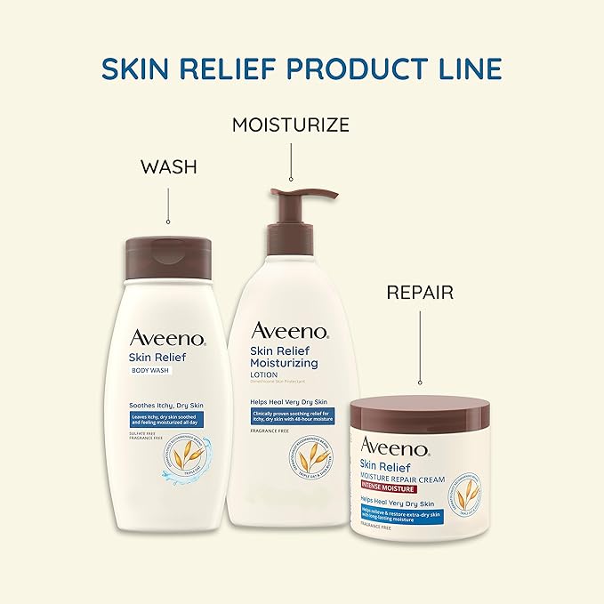 Aveeno Skin Relief 24-Hour Moisturizing Lotion for Sensitive Skin with Natural Shea Butter & Triple Oat Complex, Unscented Therapeutic Lotion for Extra Dry, Itchy Skin, 12 fl. oz