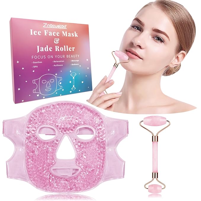 ZNÖCUETÖD Ice Face Roller Facial Jade Roller and Ice Face Mask Cold Cooling Gel Mask Gift Set for Women Face Aging Wrinkles Lifting Firming Puffy Eyes, Eye Face Neck Roller Massager SPA Tools