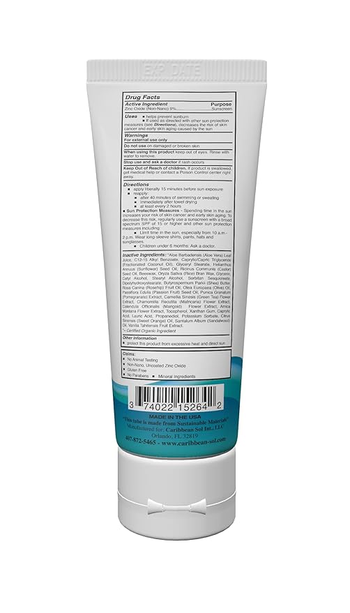Caribbean Sol - Sol Guard Natural Sunscreen with Non-nano Zinc Oxide - Biodegradable Broad Spectrum Travel Size Reef Safe Sunscreen Moisturizer Sun Cream SPF 15, 4oz.