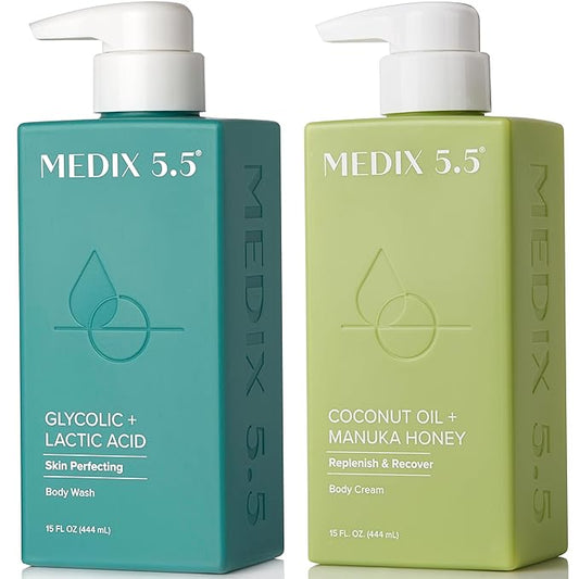 MEDIX Exfoliating Glycolic Acid Body Wash & Face Wash + Coconut Body Lotion Skin Care Set | Coconut Oil Lotion Body Cream & AHA + Lactic Acid Foaming Body Wash For KP Bumps, Keratosis Pilaris, & Acne