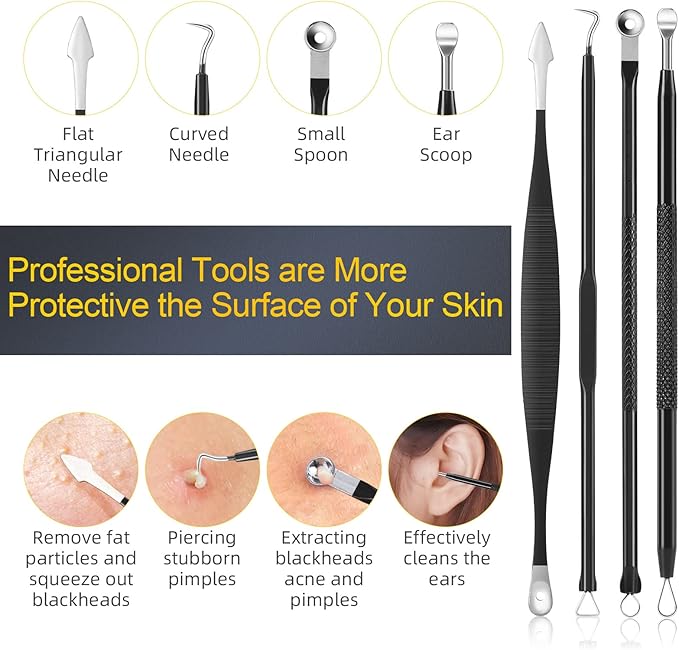 Pimple Popper Tool Kit, IUMAKEVP 15 PCS Professional Stainless Steel Blackhead Remover Comedone Extractor Tools for Removing Pimples, Blackheads, Zit on Face - Acne Removal Kit with Metal Case (Black)