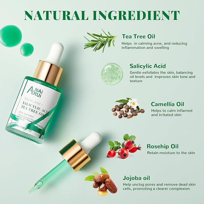 ANAI RUI Acne Face Oil,Tea Tree Oil with Salicylic Acid,Acne Prone Skin Oil,Soothe Acne,Redness Relief, Tea Tree Oil for Face,Back, Clarifying & Purifying 1Fl.OZ