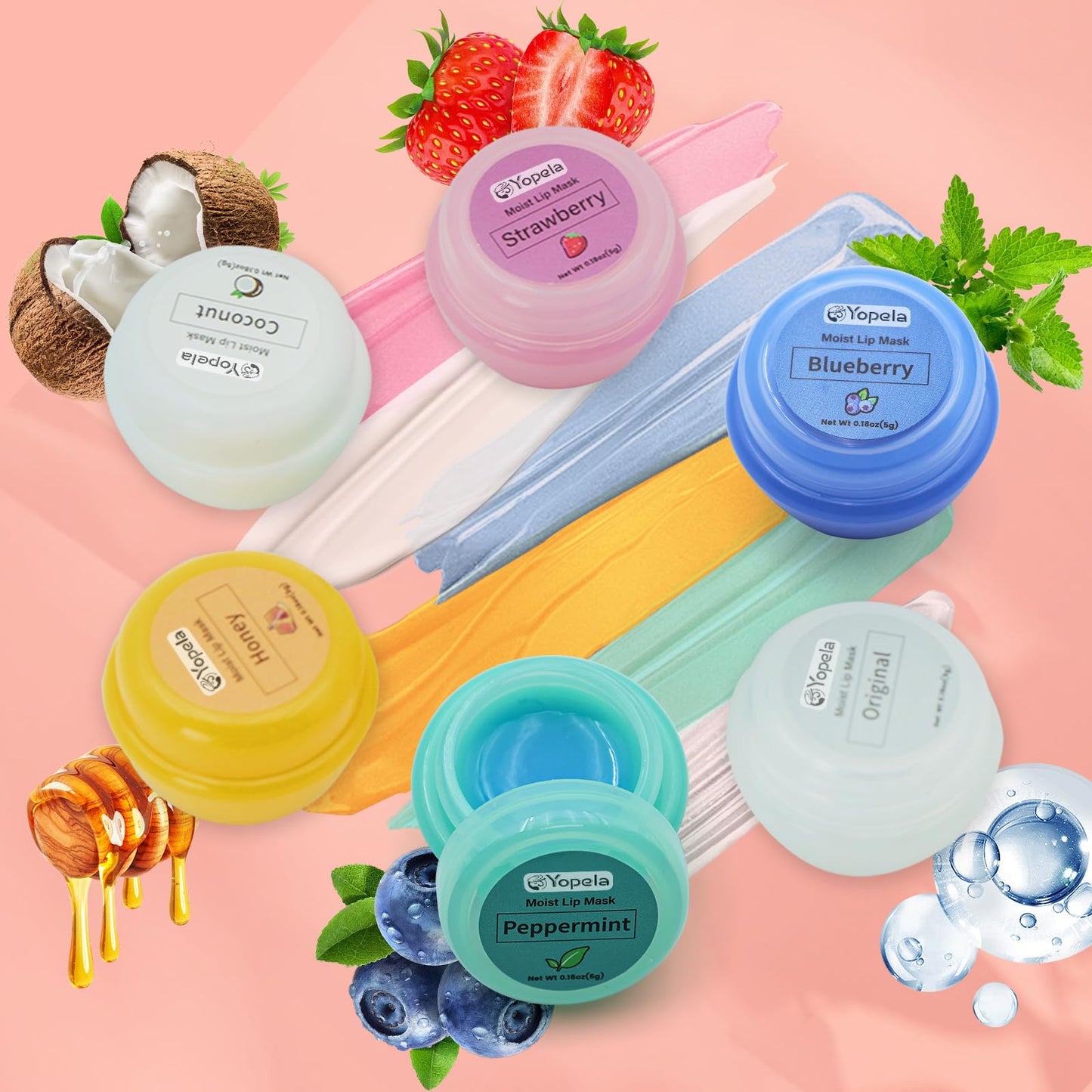 6 Pack Cute Lip Mask Sleeping Overnight for Dry Lips with Coconut Oil and Beeswax -Smoothing Hydrating Softening Plumoing Moisturizing with Small Lip Brush 6 Flavors Gift for Women 0.18 Oz