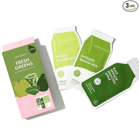 ESW Beauty Fresh Greens Superfood Set – Antioxidant-Rich Face Masks with Apple, Kale, & Broccoli – Includes Matcha Almond, Green Reset & Avocado Banana – Vegan, Clean Beauty for Glowing Skin