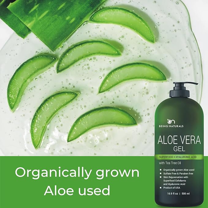Aloe vera Gel - from 100% Pure Organic Aloe - Natural Raw Moisturizer for Face, Body, Hair. Perfect for Sunburn, Acne, Razor Bumps 16.9 fl oz (Tea Tree, Superfood, Hyaluronic Acid)
