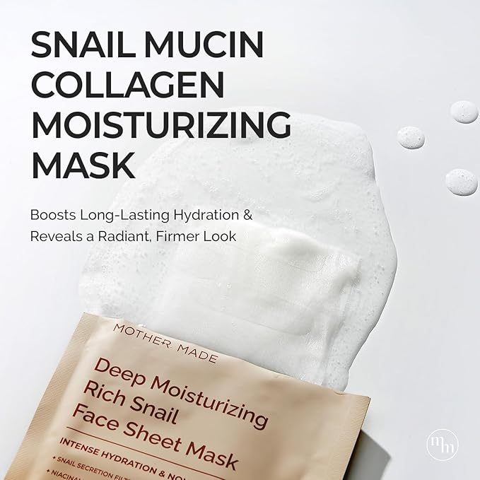 MOTHER MADE Glowing Glass Skin Hydrating Snail Deep Collagen Face Masks Set of 20 EA, with Niacinamide 2%, Vitamin E, Facial Mask for Dry, Sensitive Skin, Self Care, Korean Skincare