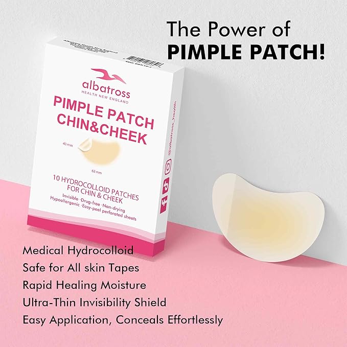 Albatross Health New England Large Acne Pimple Patches for Face, Chin, Back and Body (10 Counts), Spot Dots Cover, Hydrocolloid Treatment Stickers, Zit Blemish Patch