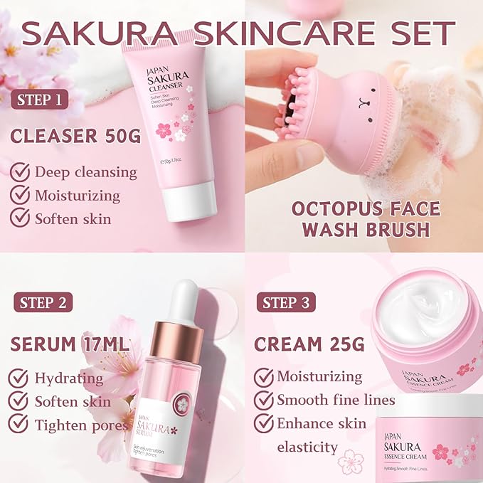 Skincare Set Sakura Teen Girls Gifts - Skin Care Set - Skincare for Teens 10-12 Hydrating - Travel Size Facial Kit for Women with Cleanser,Serum,Cream,Bunny Headband,Cleansing Brush（5pcs）